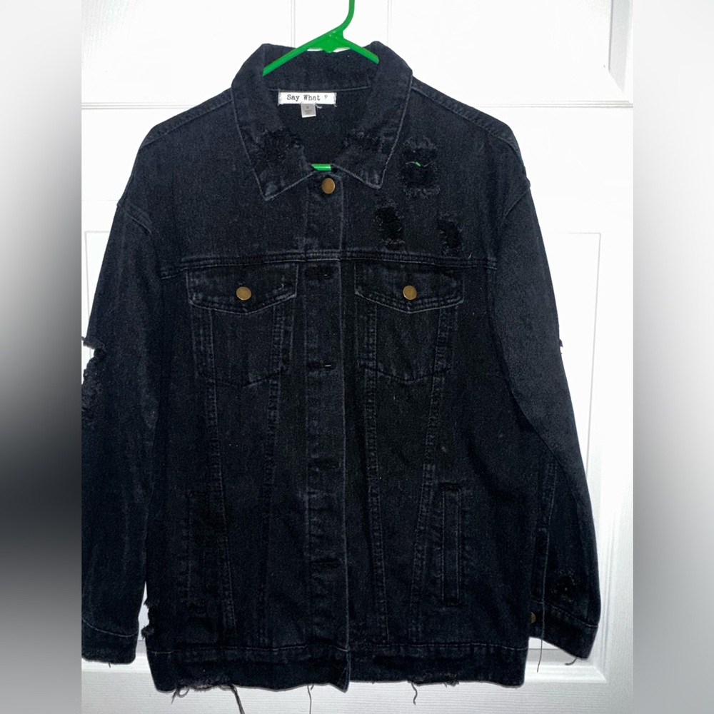 Say What? Black Denim Jacket with Distressed Details